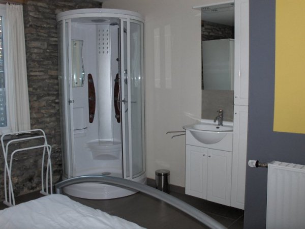 Slaapkamer op benedenverdieping met douche en wastafel